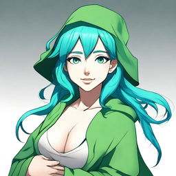 Generate an image of a female wizard with blue hair and blue eyes