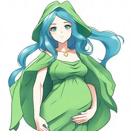 Generate an image of a female wizard with blue hair and blue eyes