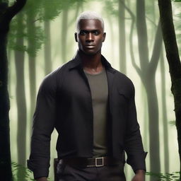 A handsome dark-skinned man with short, shaved, white hair