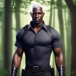 A handsome dark-skinned man with short, shaved, white hair