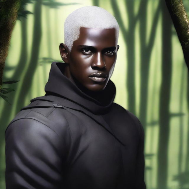 A handsome dark-skinned man with short, shaved, white hair