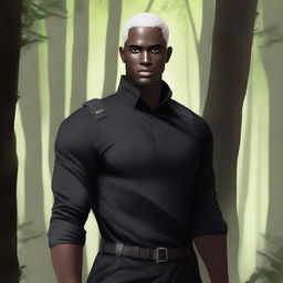 A handsome dark-skinned man with short, shaved, white hair