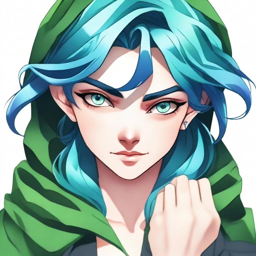 Create an image of a female wizard with blue hair and blue eyes