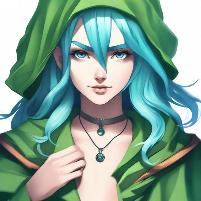 Create an image of a female wizard with blue hair and blue eyes