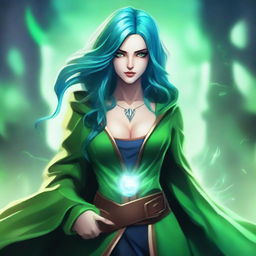 Create an image of a female wizard with blue hair and blue eyes