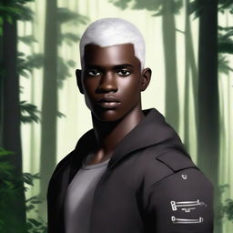 A handsome, dark-skinned young man with short, shaved, white hair