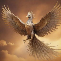 An aggressive phoenix, exquisitely crafted from silver and bronze metals, adorned with long golden chains and extensive plumage, soaring through a radiant, gold-colored sky.