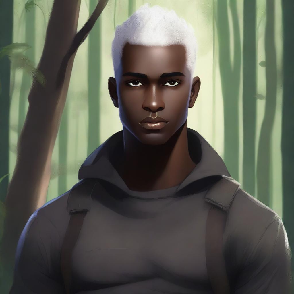 A handsome, dark-skinned young man with short, shaved, white hair