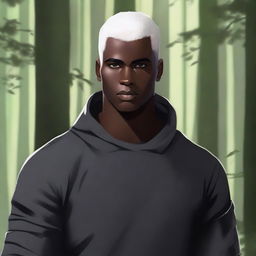 A handsome, dark-skinned young man with short, shaved, white hair