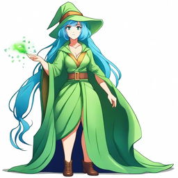 Create an image of a female wizard with blue hair and blue eyes