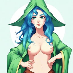 Create an image of a female wizard with blue hair and blue eyes