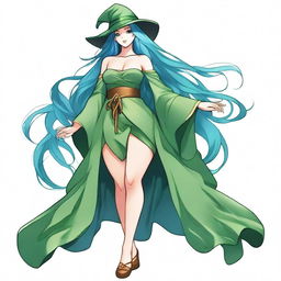 Create an image of a female wizard with blue hair and blue eyes