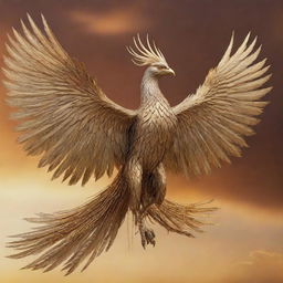 An aggressive phoenix, exquisitely crafted from silver and bronze metals, adorned with long golden chains and extensive plumage, soaring through a radiant, gold-colored sky.