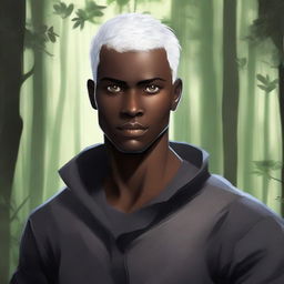 A handsome, dark-skinned young man with short, shaved, white hair