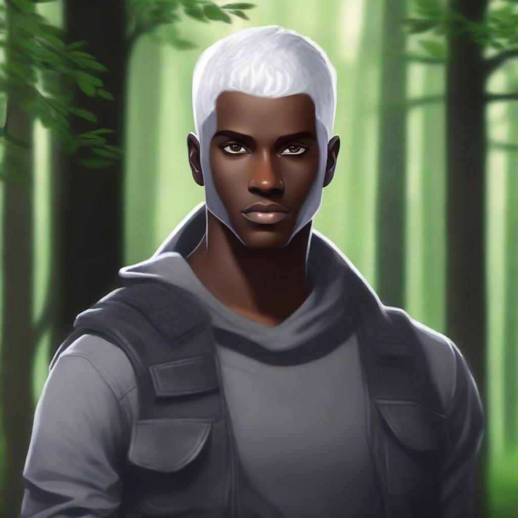 A handsome, dark-skinned young man with short, shaved, white hair