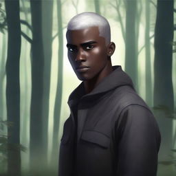 A handsome, dark-skinned young man with short, shaved, white hair