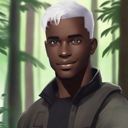 A handsome, dark-skinned young man with short, shaved, white hair