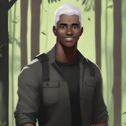 A handsome, dark-skinned young man with short, shaved, white hair