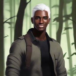 A handsome, dark-skinned young man with short, shaved, white hair