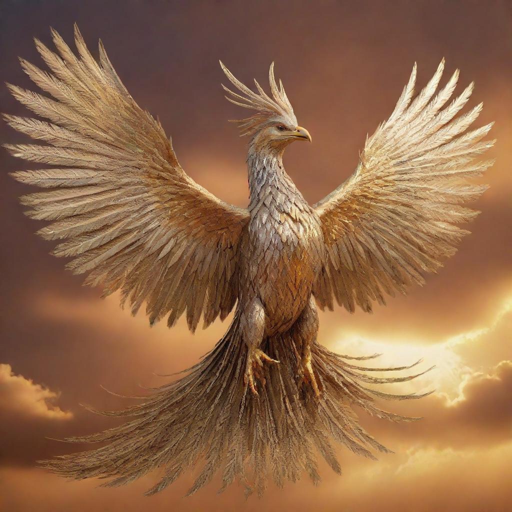 An aggressive phoenix, exquisitely crafted from silver and bronze metals, adorned with long golden chains and extensive plumage, soaring through a radiant, gold-colored sky.