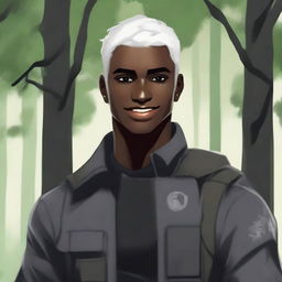 A handsome, dark-skinned young man with short, shaved, white hair