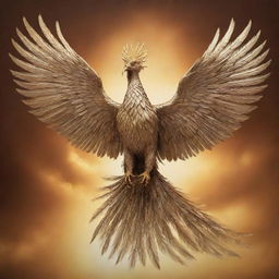 An aggressive phoenix, exquisitely crafted from silver and bronze metals, adorned with long golden chains and extensive plumage, soaring through a radiant, gold-colored sky.