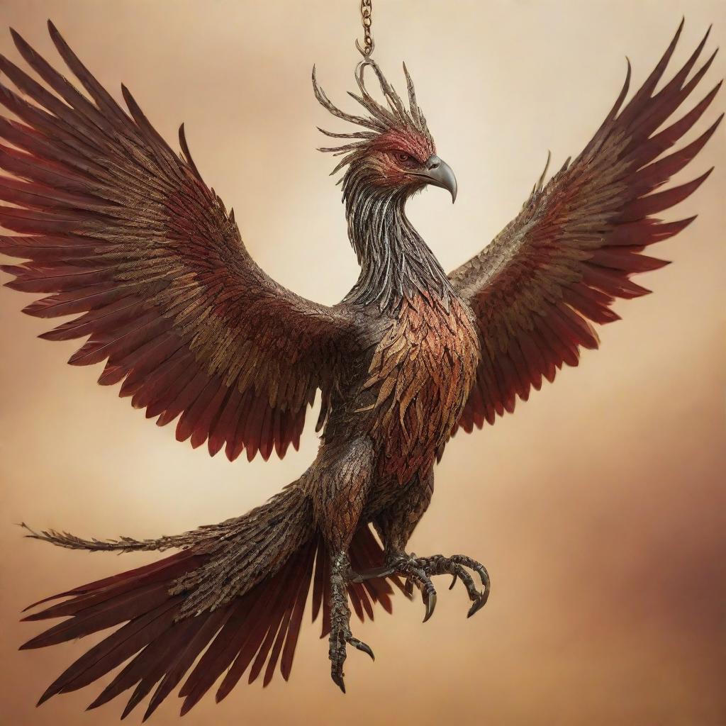 A phoenix crafted from silver and bronze, chained, with an aggressive beak and long feathers, soaring through a golden sky. Its chains are tinted with aggressive shades of red.