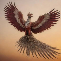 A phoenix crafted from silver and bronze, chained, with an aggressive beak and long feathers, soaring through a golden sky. Its chains are tinted with aggressive shades of red.