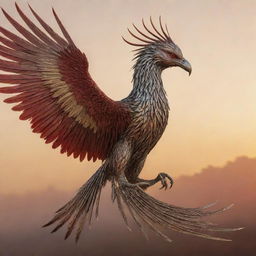 A phoenix crafted from silver and bronze, chained, with an aggressive beak and long feathers, soaring through a golden sky. Its chains are tinted with aggressive shades of red.