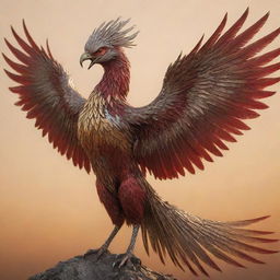 A phoenix crafted from silver and bronze, chained, with an aggressive beak and long feathers, soaring through a golden sky. Its chains are tinted with aggressive shades of red.