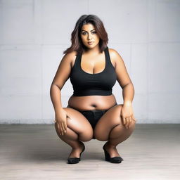 A tastefully depicted woman with curvy figure, squatting on the ground