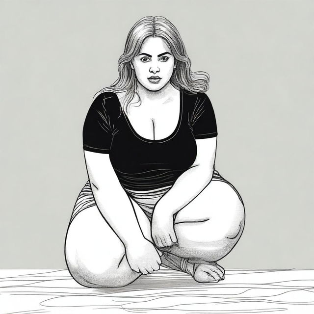 A tastefully depicted woman with curvy figure, squatting on the ground