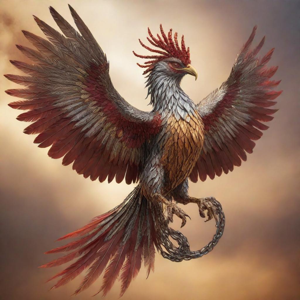 An aggressive chained phoenix, strikingly crafted from silver and bronze metals, adorned with long red chains and extensive feathers, fiercely flying through the golden hues of the sky.