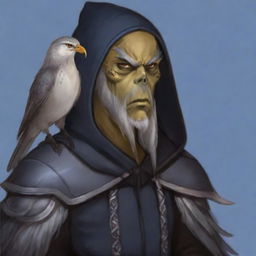 Create a portrait of a hooded Githyanki wizard with white skin and a white beard