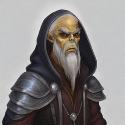 Create a portrait of a hooded Githyanki wizard with white skin and a white beard