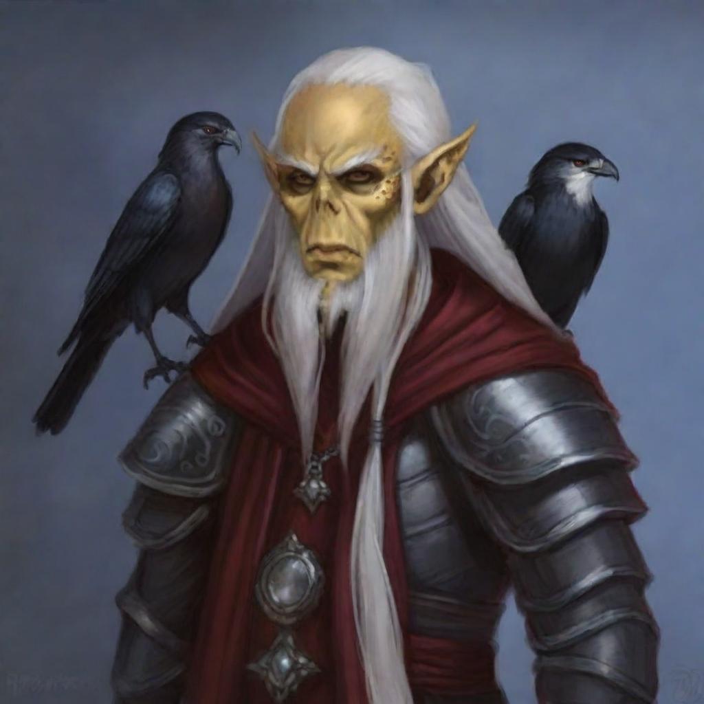 Create a portrait of a hooded Githyanki wizard with white skin and a white beard