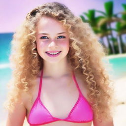 A 14 years old girl with long, blond, curly hair