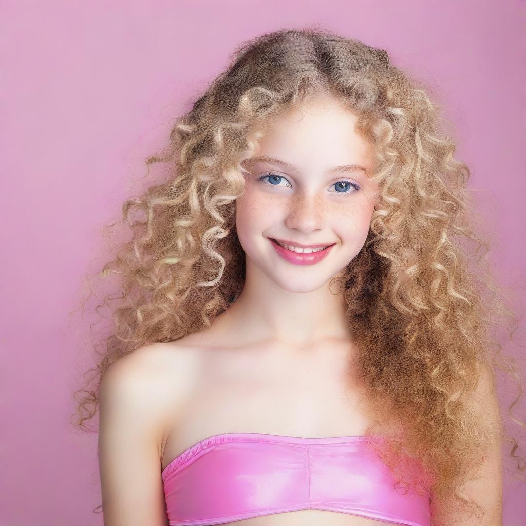 A 14 years old girl with long, blond, curly hair