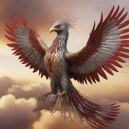 An aggressive chained phoenix, strikingly crafted from silver and bronze metals, adorned with long red chains and extensive feathers, fiercely flying through the golden hues of the sky.