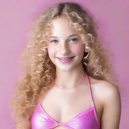 A 14 years old girl with long, blond, curly hair