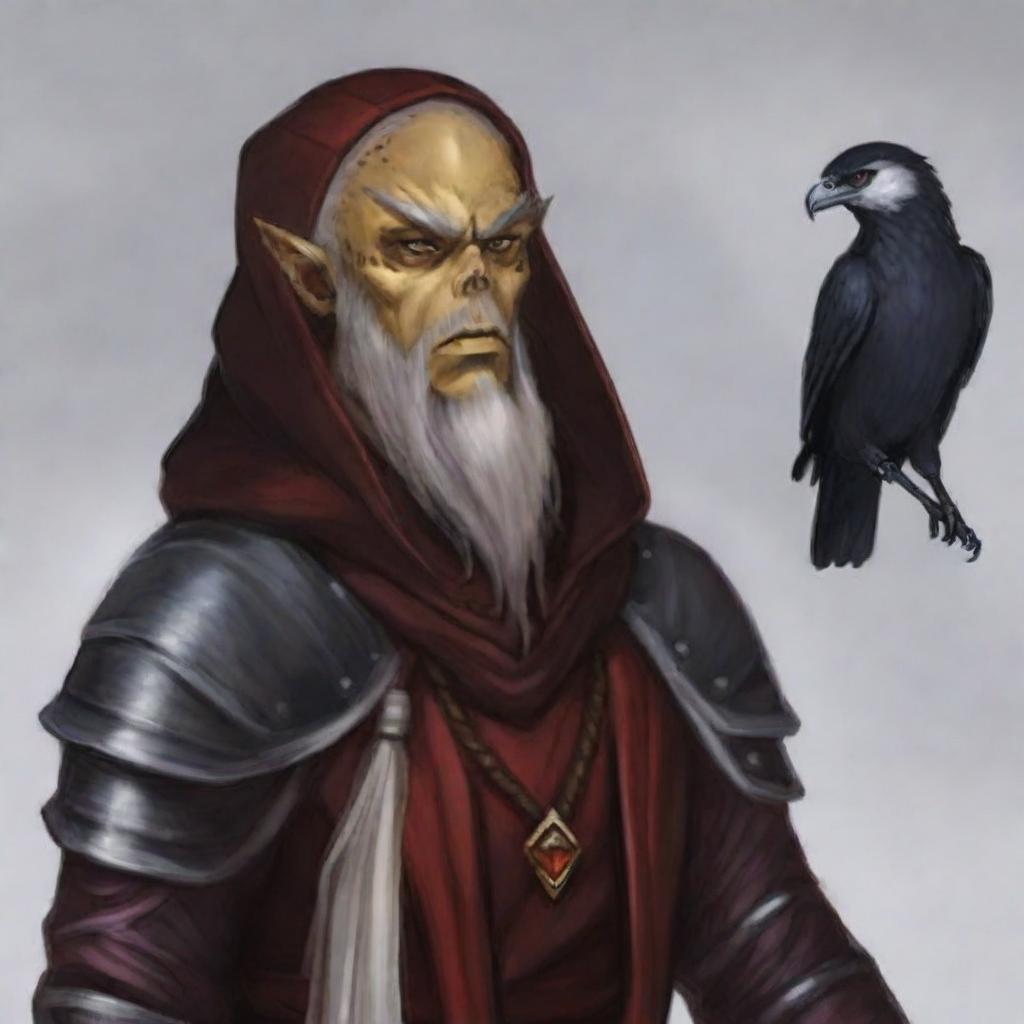 Create a portrait of a hooded Githyanki wizard with white skin and a white beard