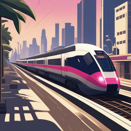 A TGV train is navigating through a city designed in the style of the Grand Theft Auto series