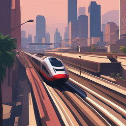 A TGV train is navigating through a city designed in the style of the Grand Theft Auto series