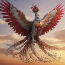 An aggressive chained phoenix, strikingly crafted from silver and bronze metals, adorned with long red chains and extensive feathers, fiercely flying through the golden hues of the sky.