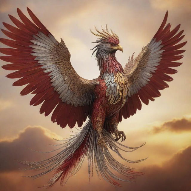 An aggressive chained phoenix, strikingly crafted from silver and bronze metals, adorned with long red chains and extensive feathers, fiercely flying through the golden hues of the sky.