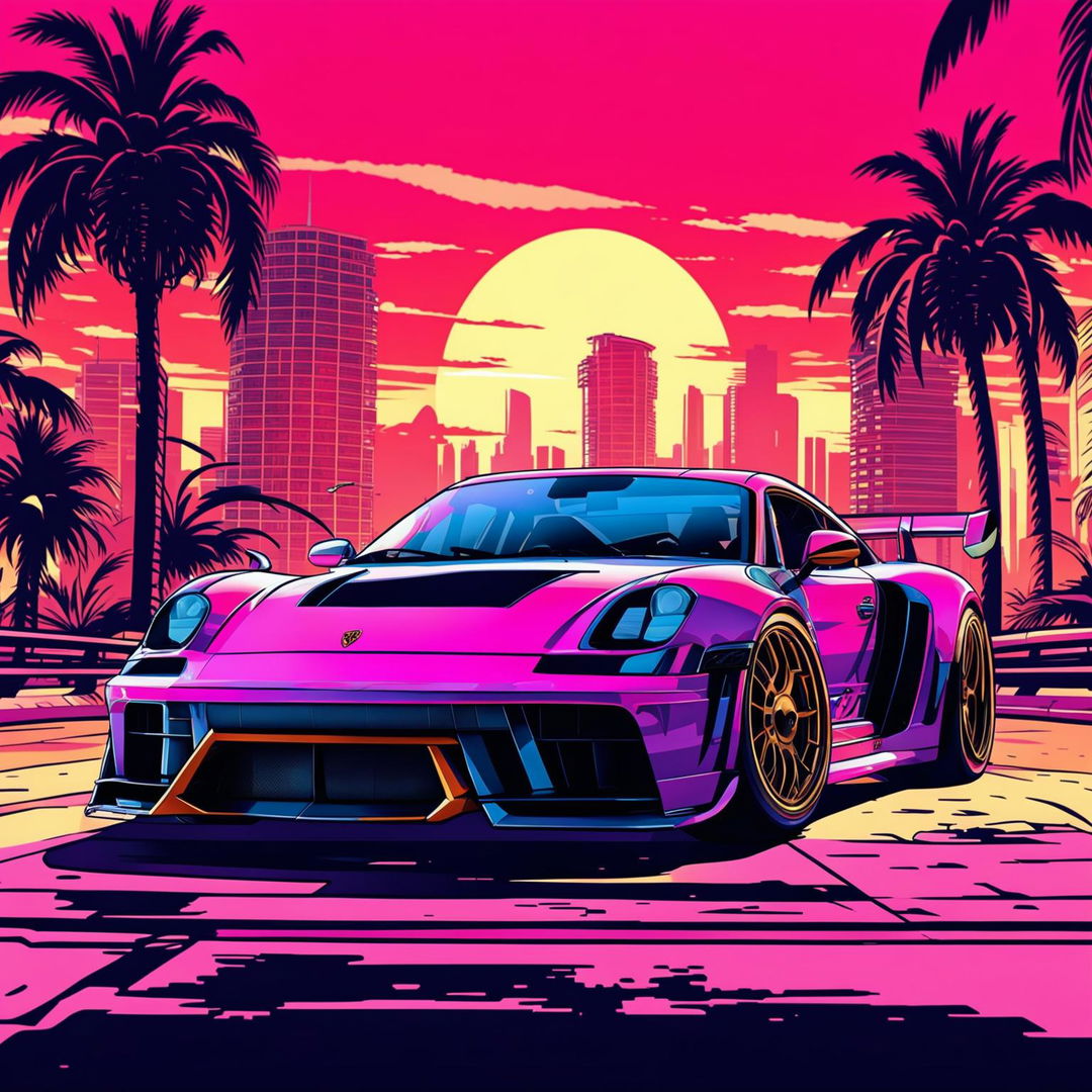 A digital art image of a unique car combining elements of a Porsche and Lamborghini, depicted in the distinctive art style of Grand Theft Auto