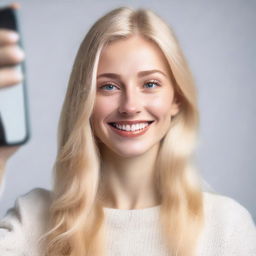 Generate a hyper-realistic image of a blonde individual taking a selfie