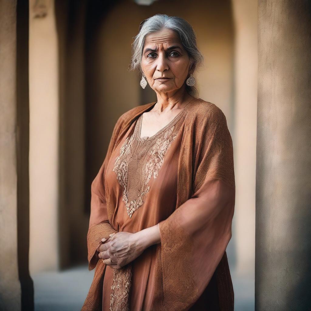 A cinematic photo of a mature, old aged Pakistani female