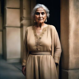 A cinematic photo of a mature, old aged Pakistani female