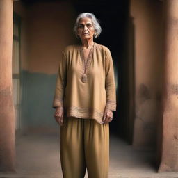 A cinematic photo of a mature, old aged Pakistani female